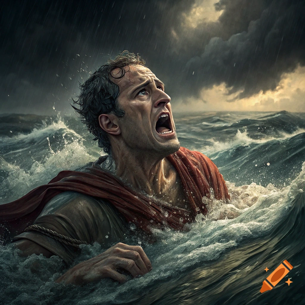 A man representing Julius Caesar drowns in a stormy sea, crying out for help.