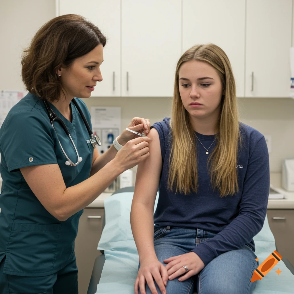 A nurse gives an injection to a scared young woman sitting on an examination table in a clinic.
