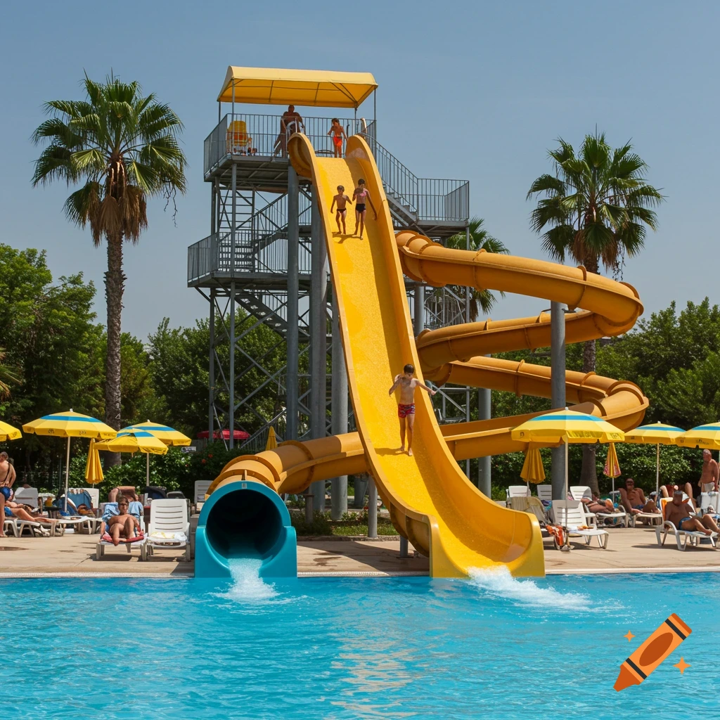 A bright yellow water slide with children on it splashes into a blue pool, with people lounging under umbrellas and palm trees.
