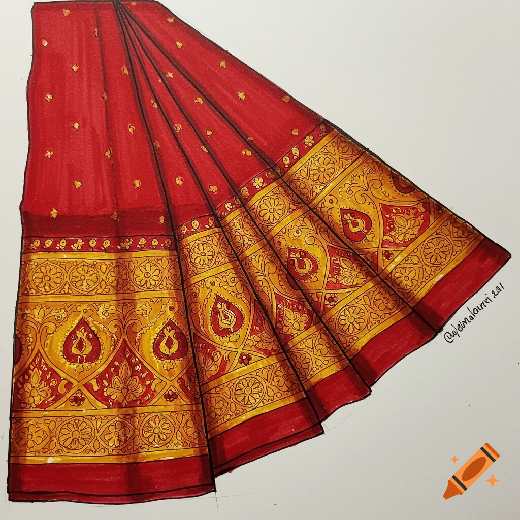 Sketch of a folded red saree with gold border.