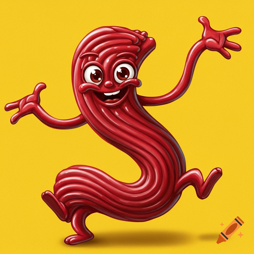 Red candy character shaped like an S posing on a yellow background.