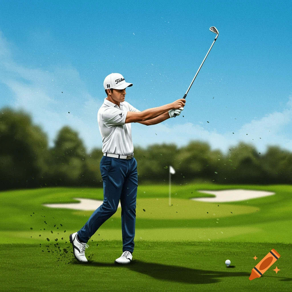 A golfer swings a club on a course.