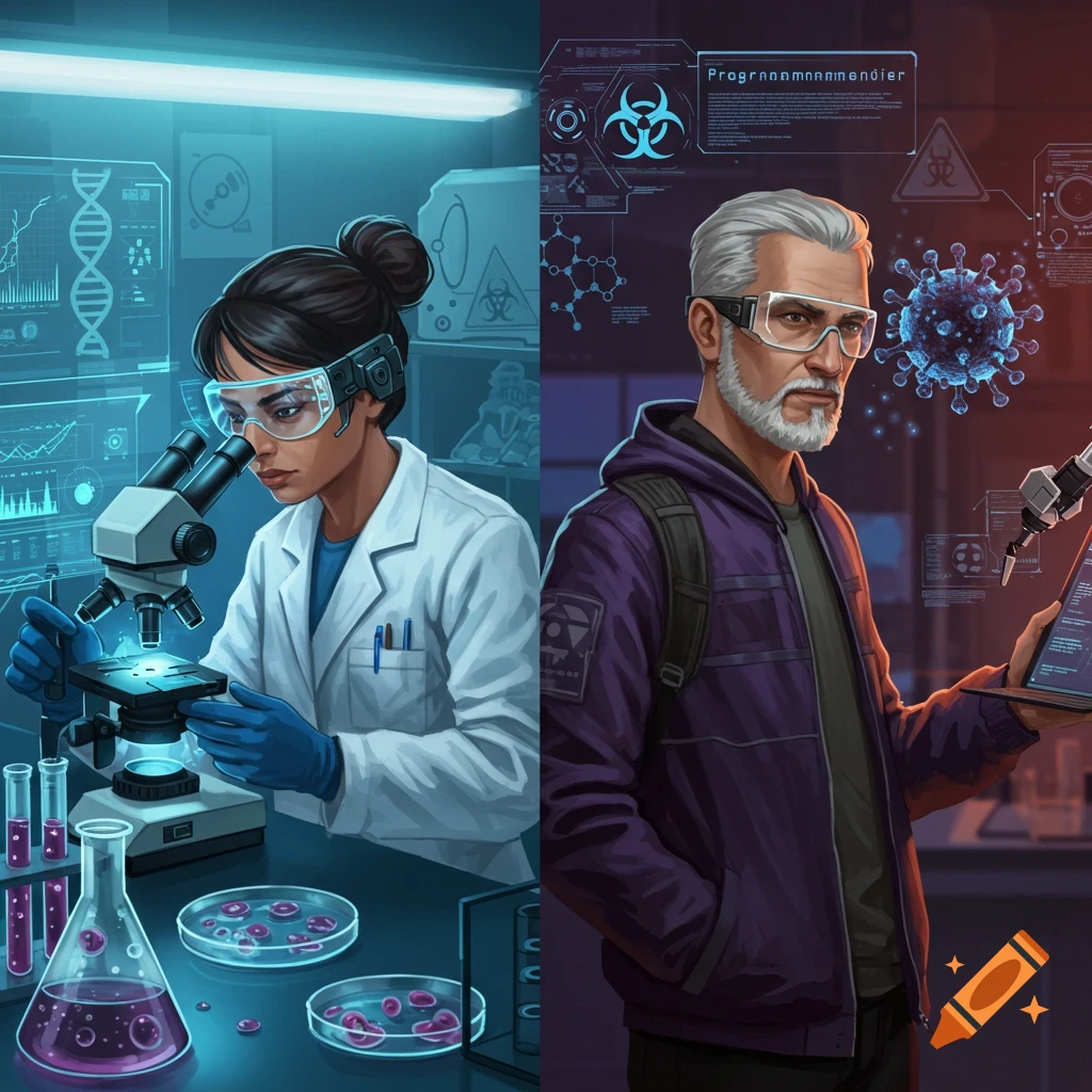 Split-screen illustration: scientist in lab with microscope and programmer with laptop, surrounded by futuristic screens and a virus model.