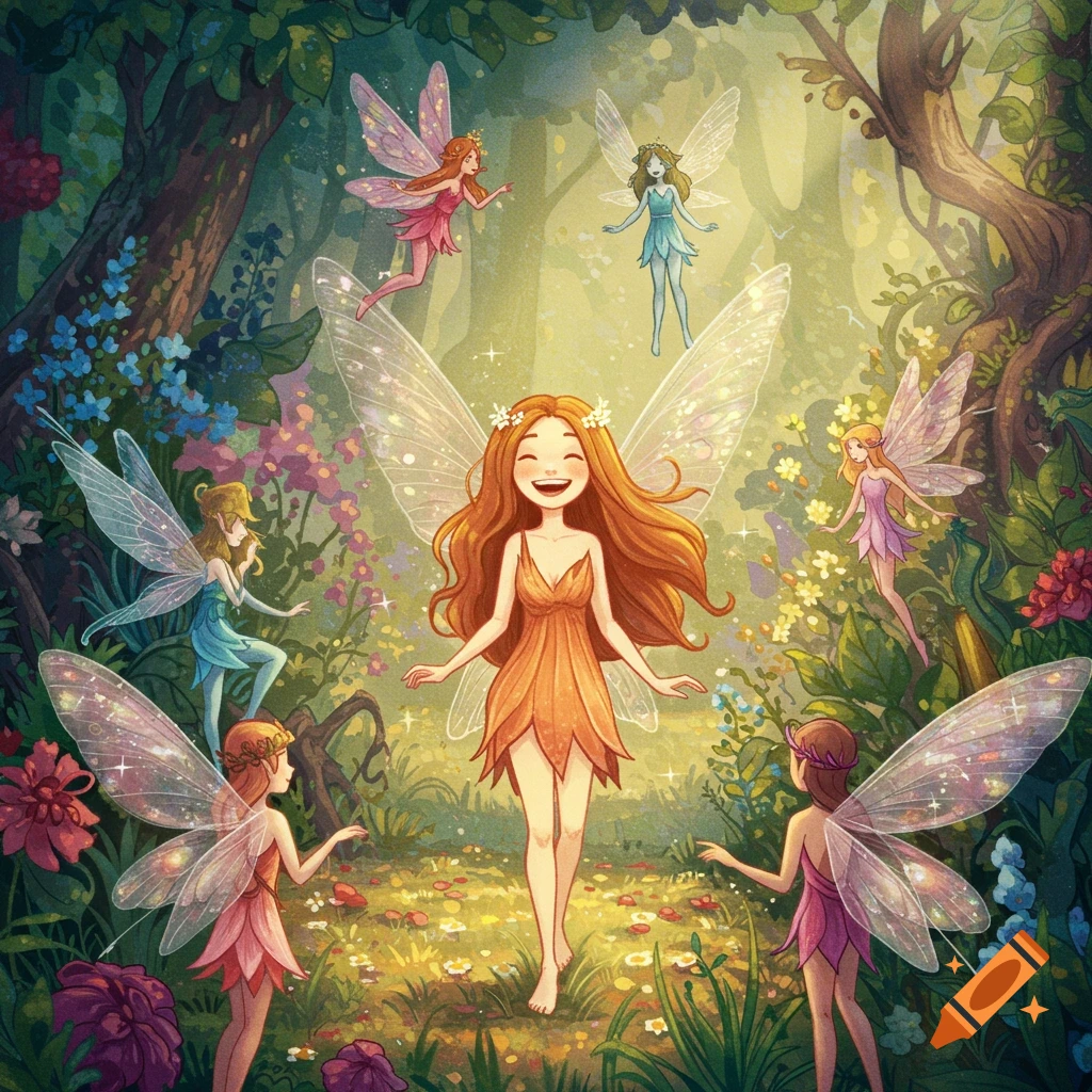 Illustration of a smiling fairy with large wings surrounded by other fairies in a sunlit forest.