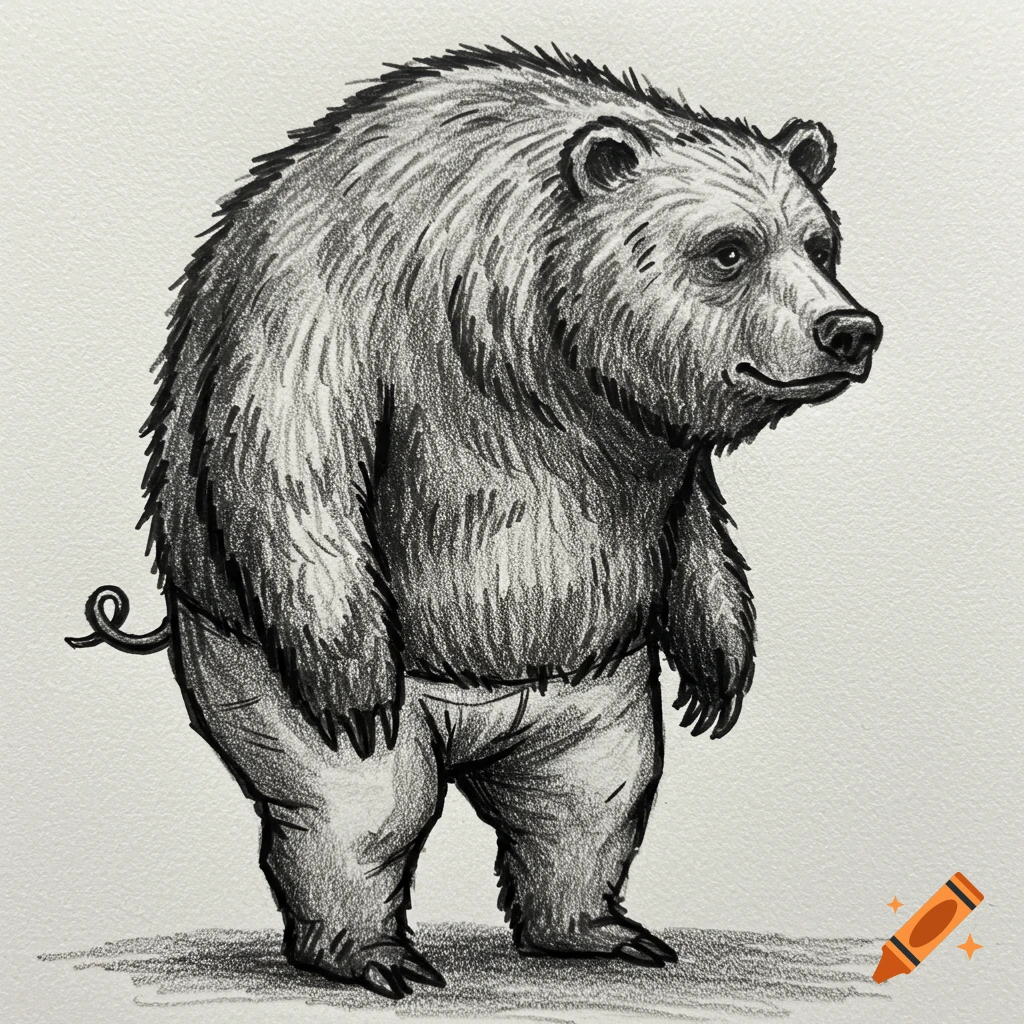 Black and white sketch of a bear-pig creature wearing trousers.