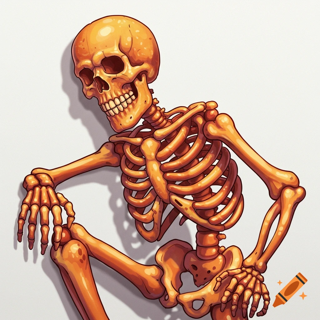 Digital illustration of an orange skeleton sitting and leaning against a white wall, casting a shadow.