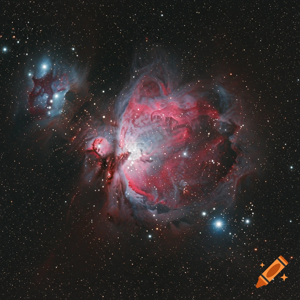Detailed image of the Orion Nebula showing glowing red and blue gas clouds, dust, and many stars.