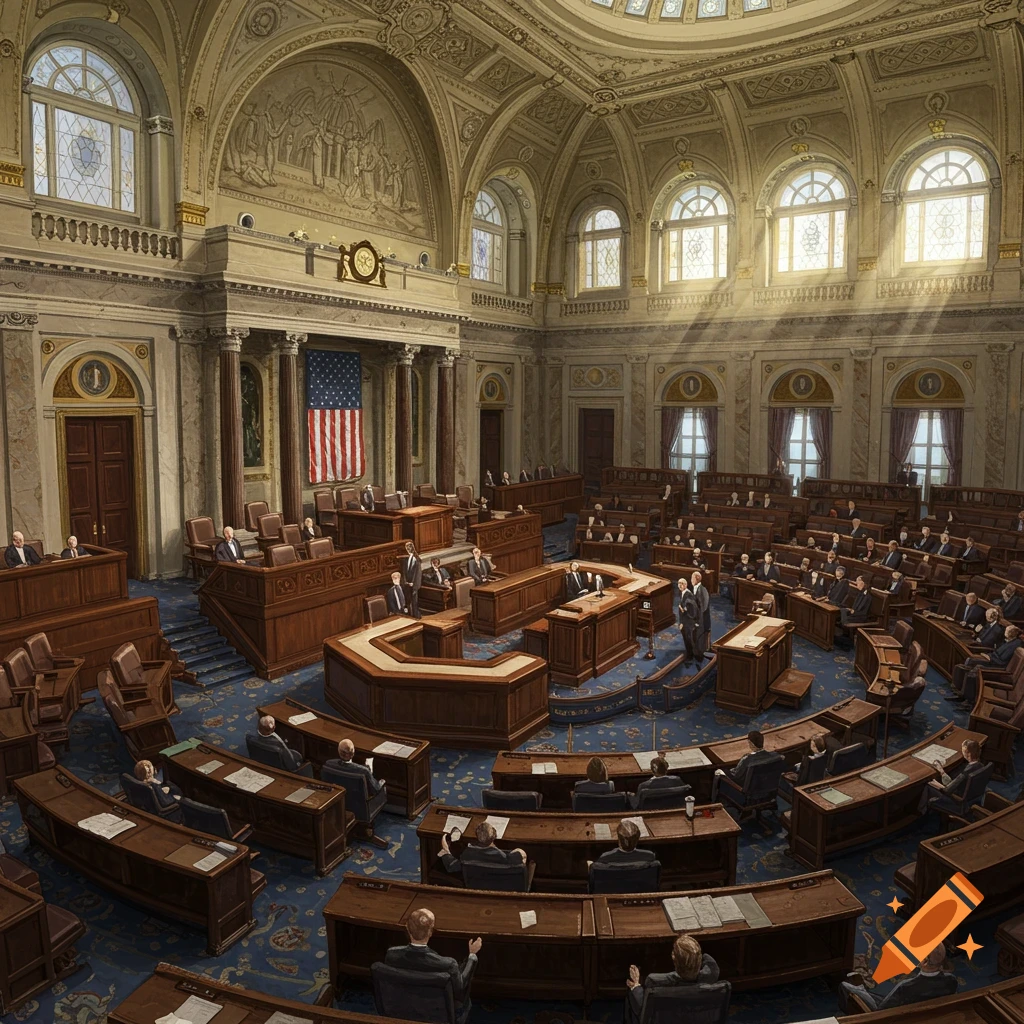 Image of a legislative chamber with members seated, featuring an American flag, columns, and a domed ceiling.