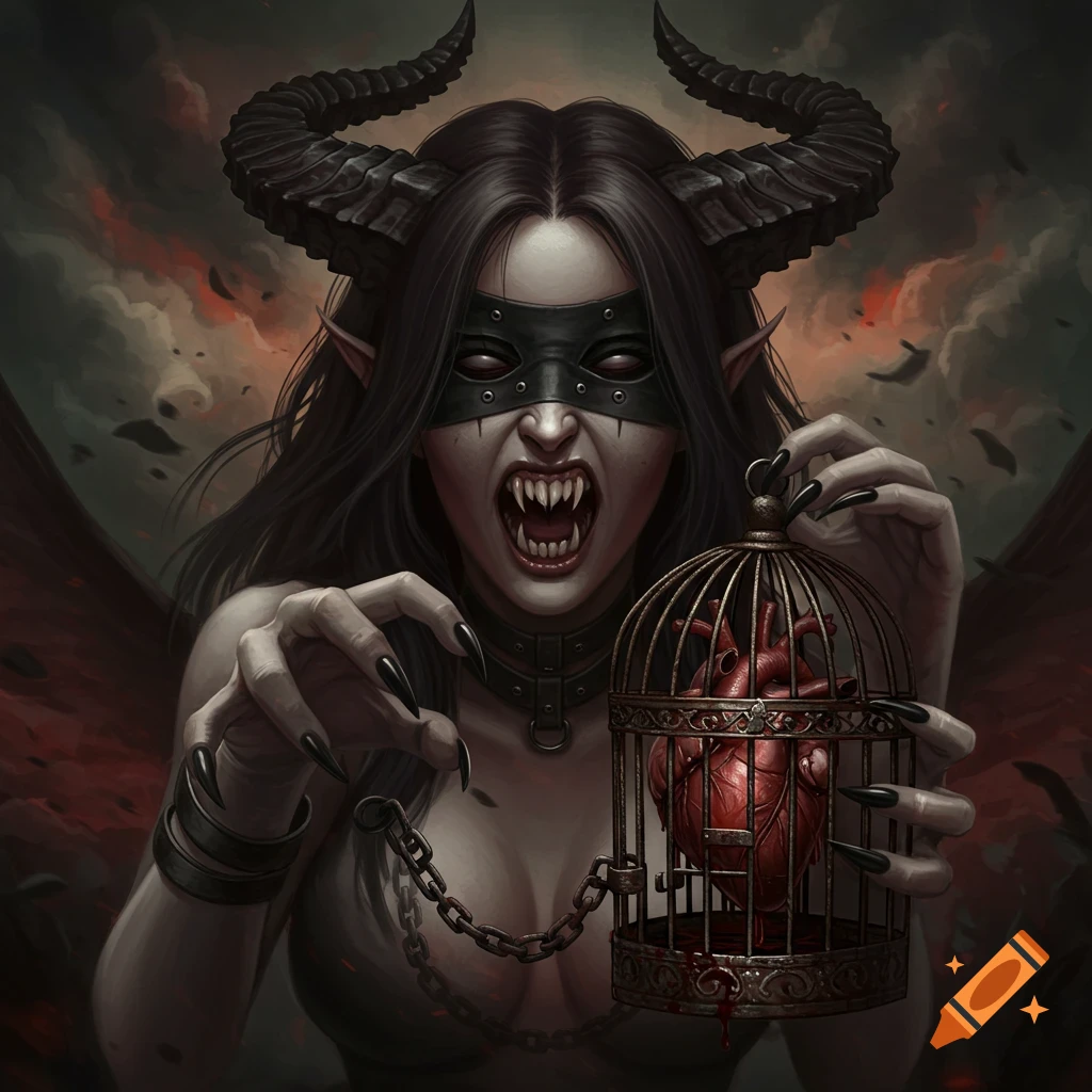 A female demon with horns and fangs wears a blindfold and holds a cage containing a bloody heart.