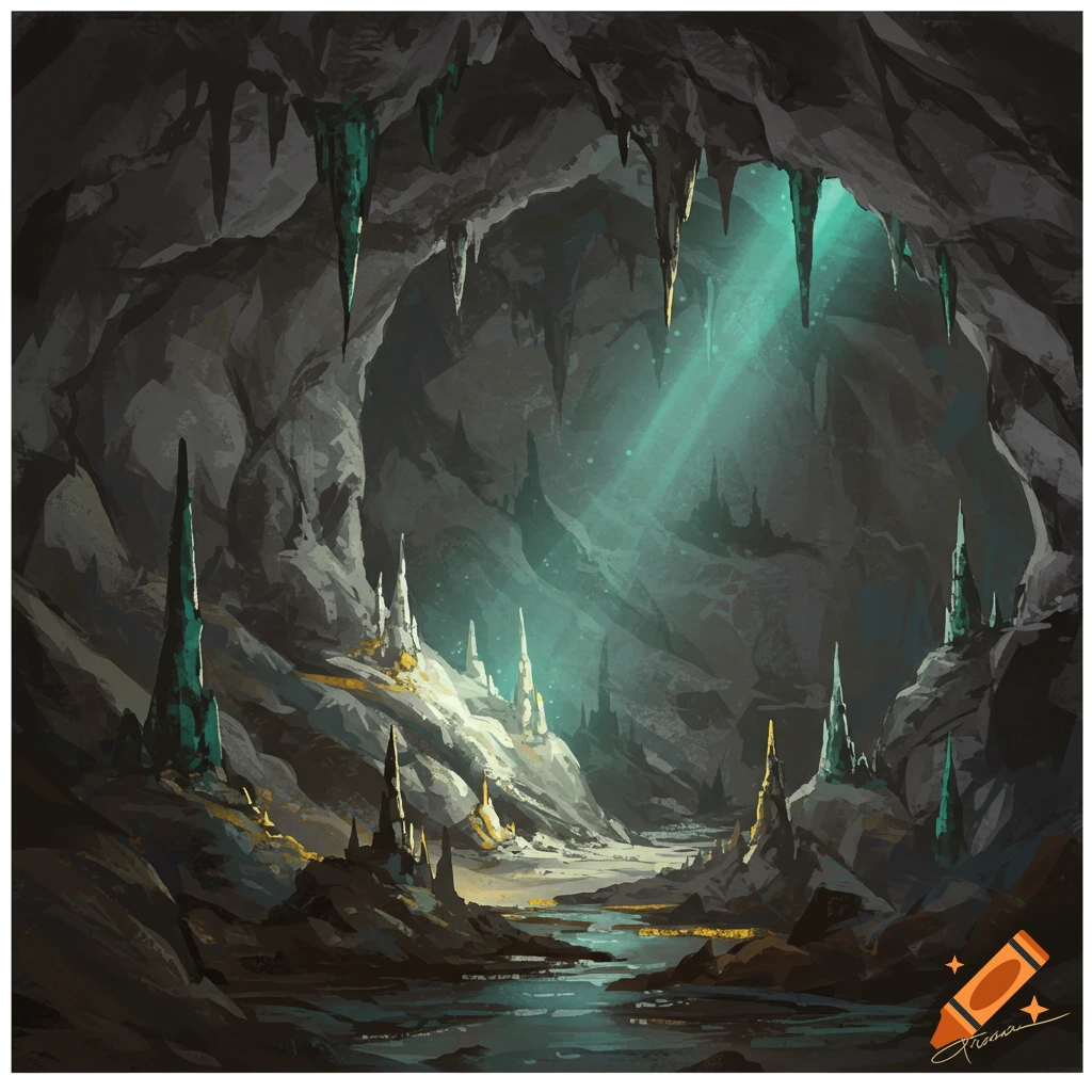 An underground cavern with glowing blue crystals and light rays