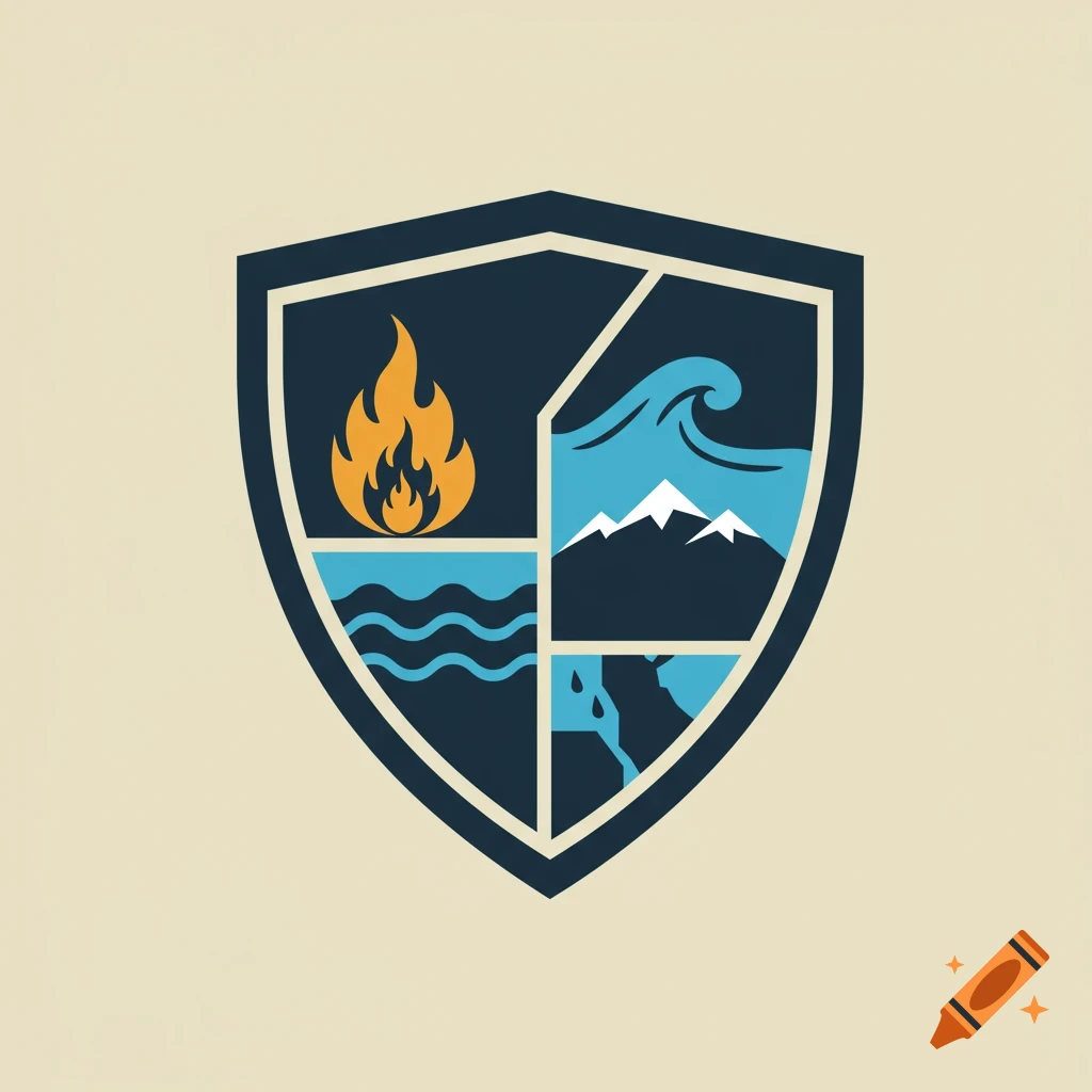 A shield logo divided into four sections with symbols for fire, water, mountains, and dripping water.
