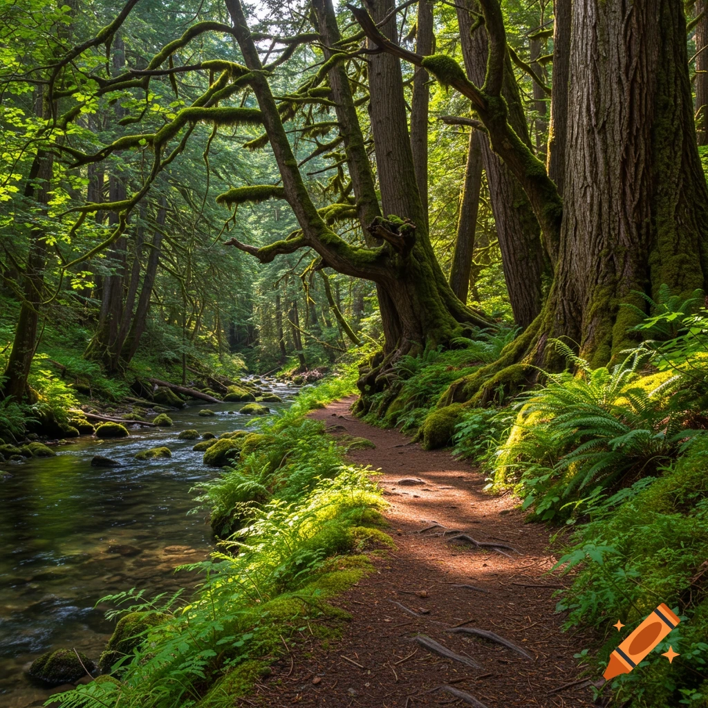 Photorealistic image of a forest path running alongside a rocky river with tall moss-covered trees.