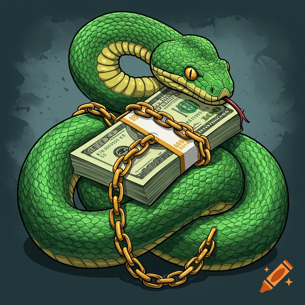 A green snake wrapped around a stack of money bills secured with a golden chain.