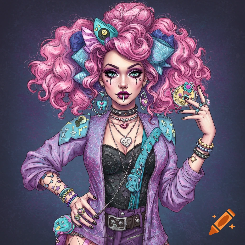 A woman with pink hair and gyaru makeup in a decora style outfit with accessories.