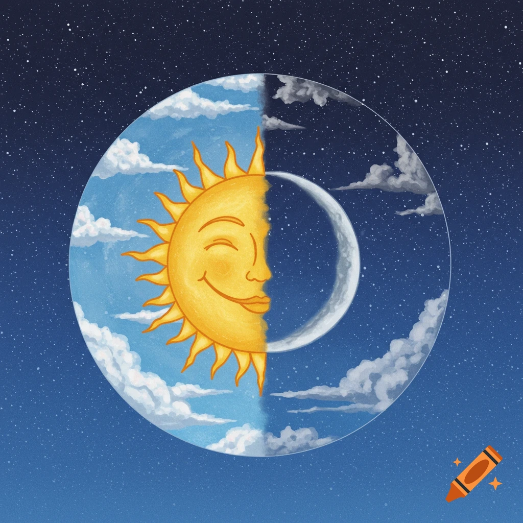 A circle is split between day with a smiling sun and blue sky, and night with a crescent moon and starry sky.