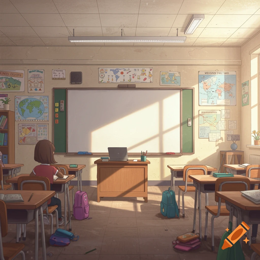 An anime-style image of a school classroom with a student at a desk facing a large whiteboard.