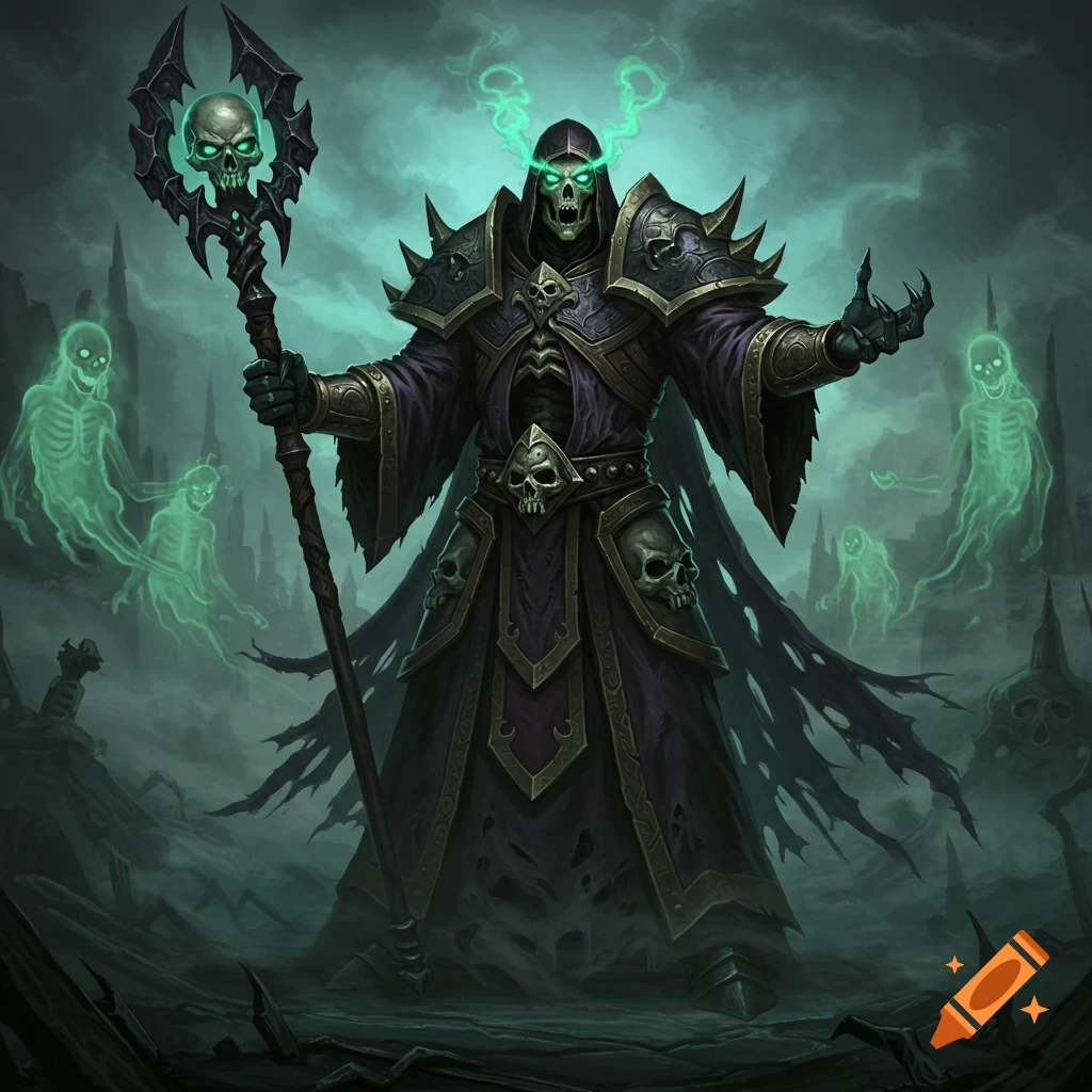 A powerful undead necromancer holding a staff, surrounded by ghostly figures in a dark, ruined landscape.
