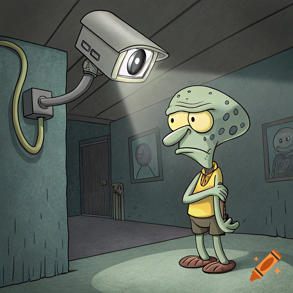 Cartoon character resembling Squidward looks worried under a security camera in a hallway.