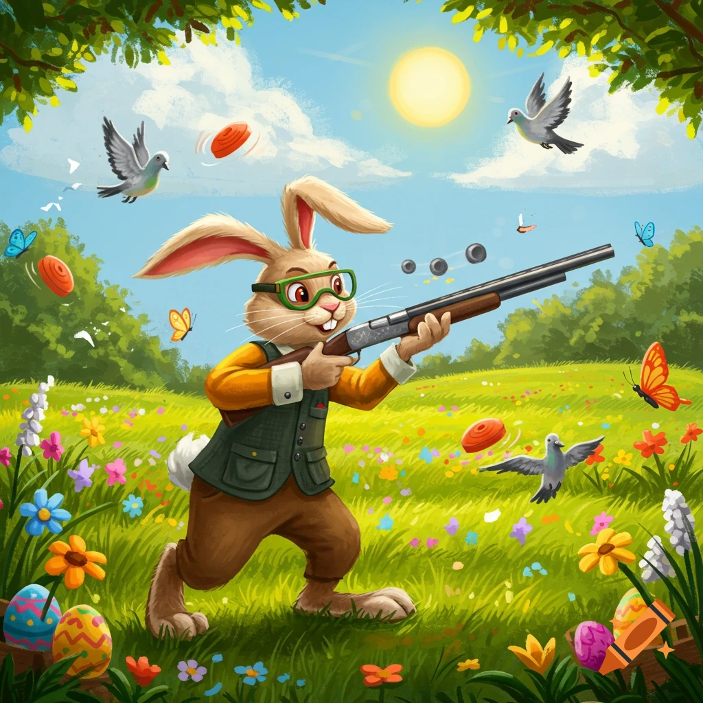 An Easter bunny wears glasses and a vest, shooting a shotgun at clay pigeons in a flowery meadow with Easter eggs.