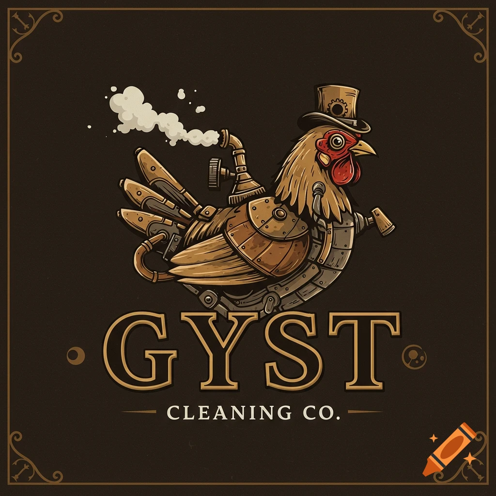 A vintage-style logo features a steampunk chicken in a top hat, with gears and pipes, above the text "GYST CLEANING CO."