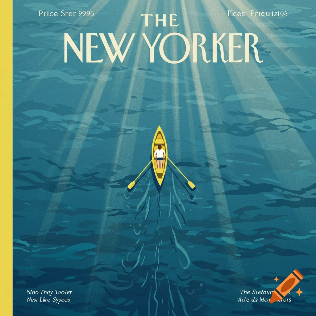 Graphic illustration styled like a magazine cover, featuring a man in a yellow rowboat viewed from above on deep blue water, with sunlight rays.