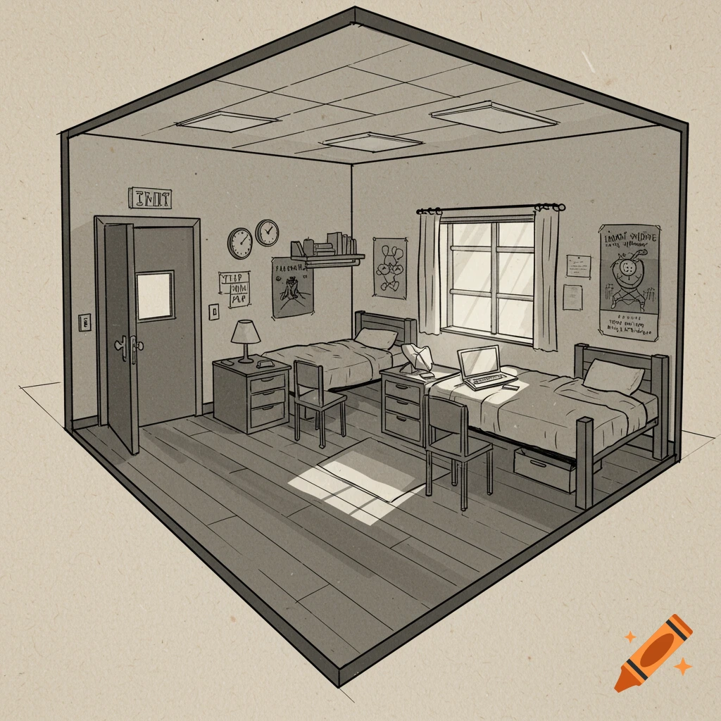An isometric drawing of a dorm room with two beds, desks, a window, posters, and a door.