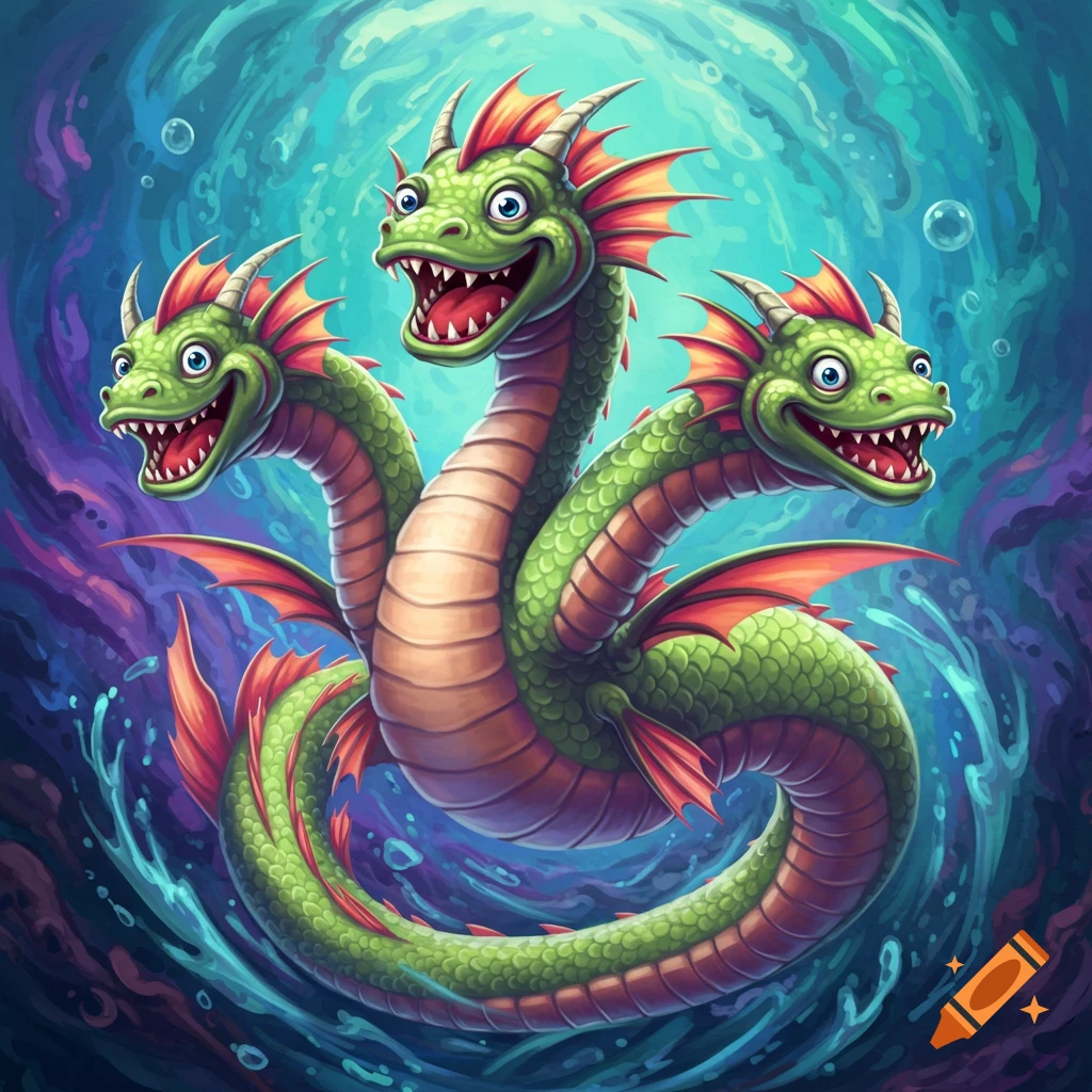 Goofy three-headed green hydra creature underwater in a cartoon style.