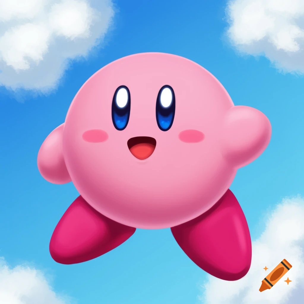 Pink cartoon character Kirby floating in a blue sky with clouds.