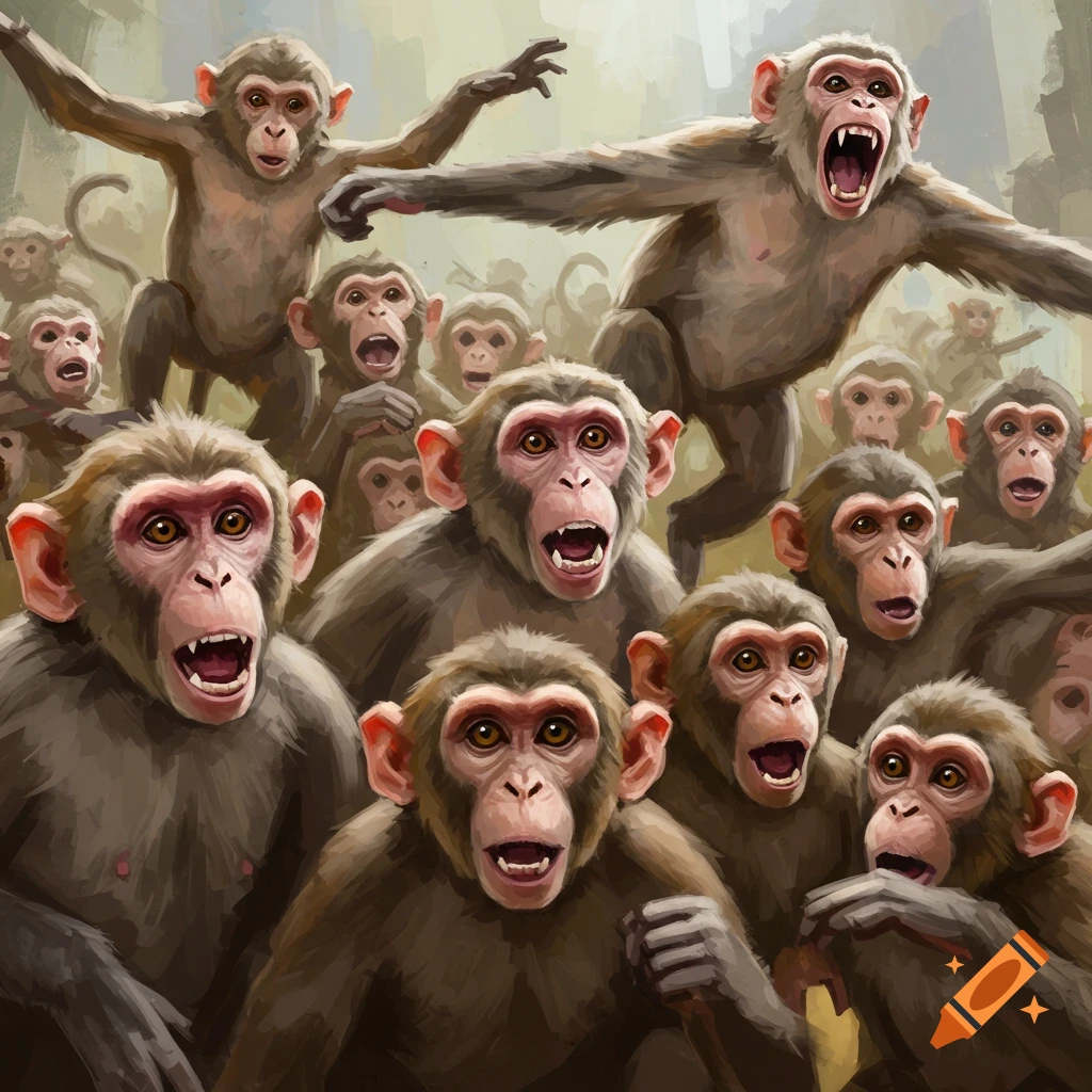 A crowd of monkeys with surprised or angry expressions.