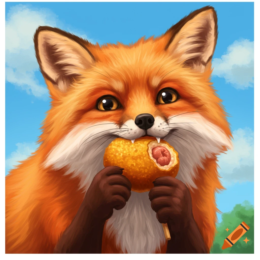 An orange fox holding a corndog in its paws and mouth.