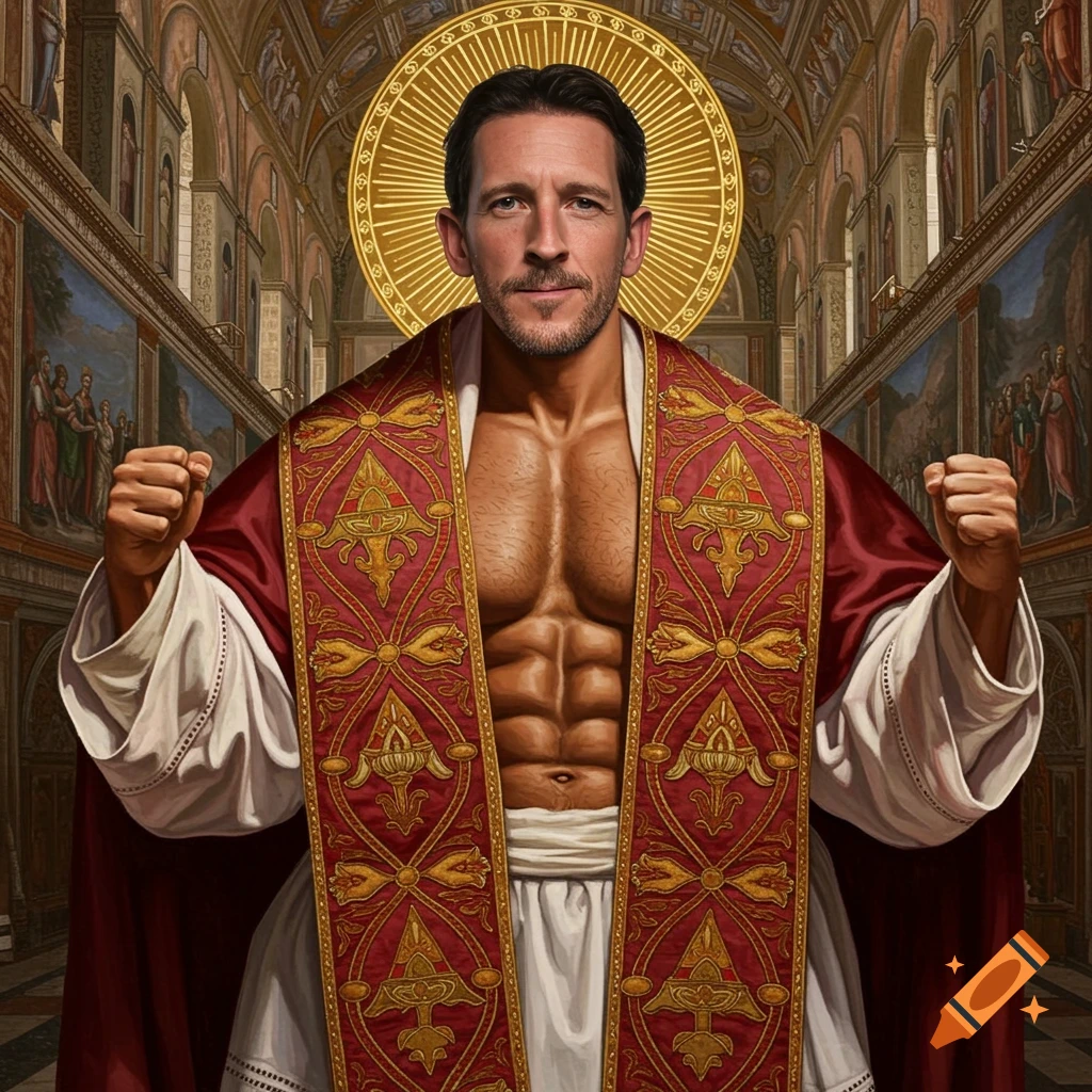 Renaissance painting of a muscular man in papal robes inside a church.