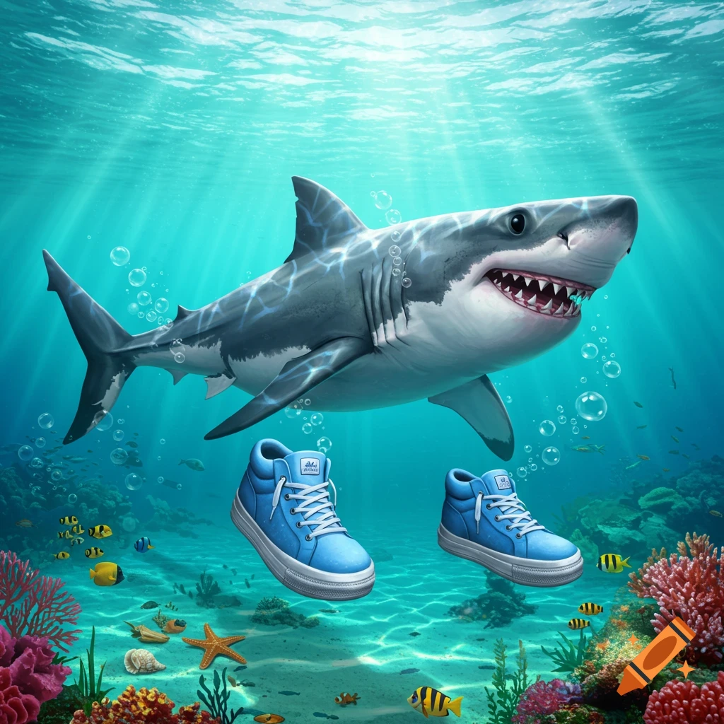 A shark swims underwater near blue shoes.