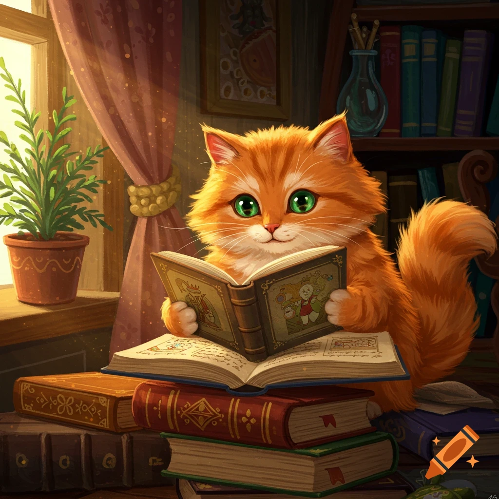 Cute orange cat sitting on books and reading a book near a window.
