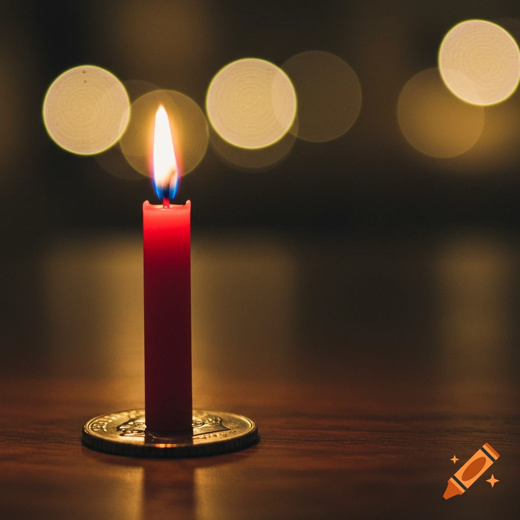 A red candle burns on a coin, with soft bokeh lights in the background.