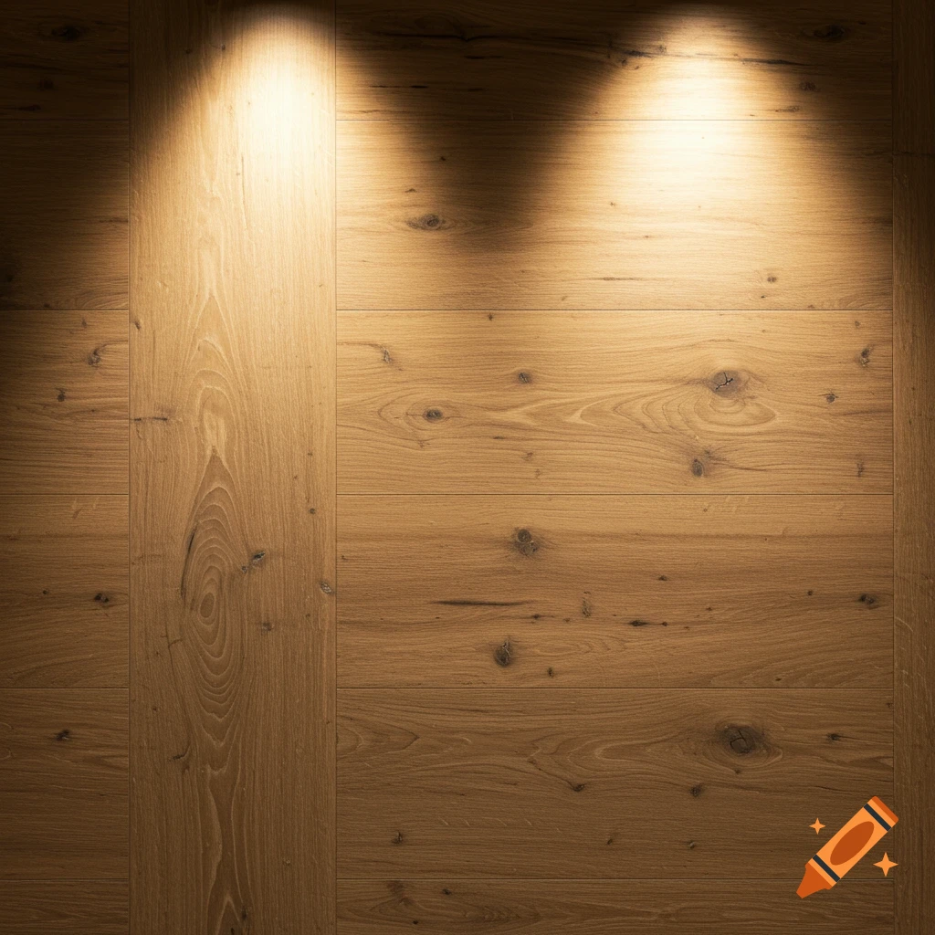 Textured wooden wall illuminated by spotlights from above.