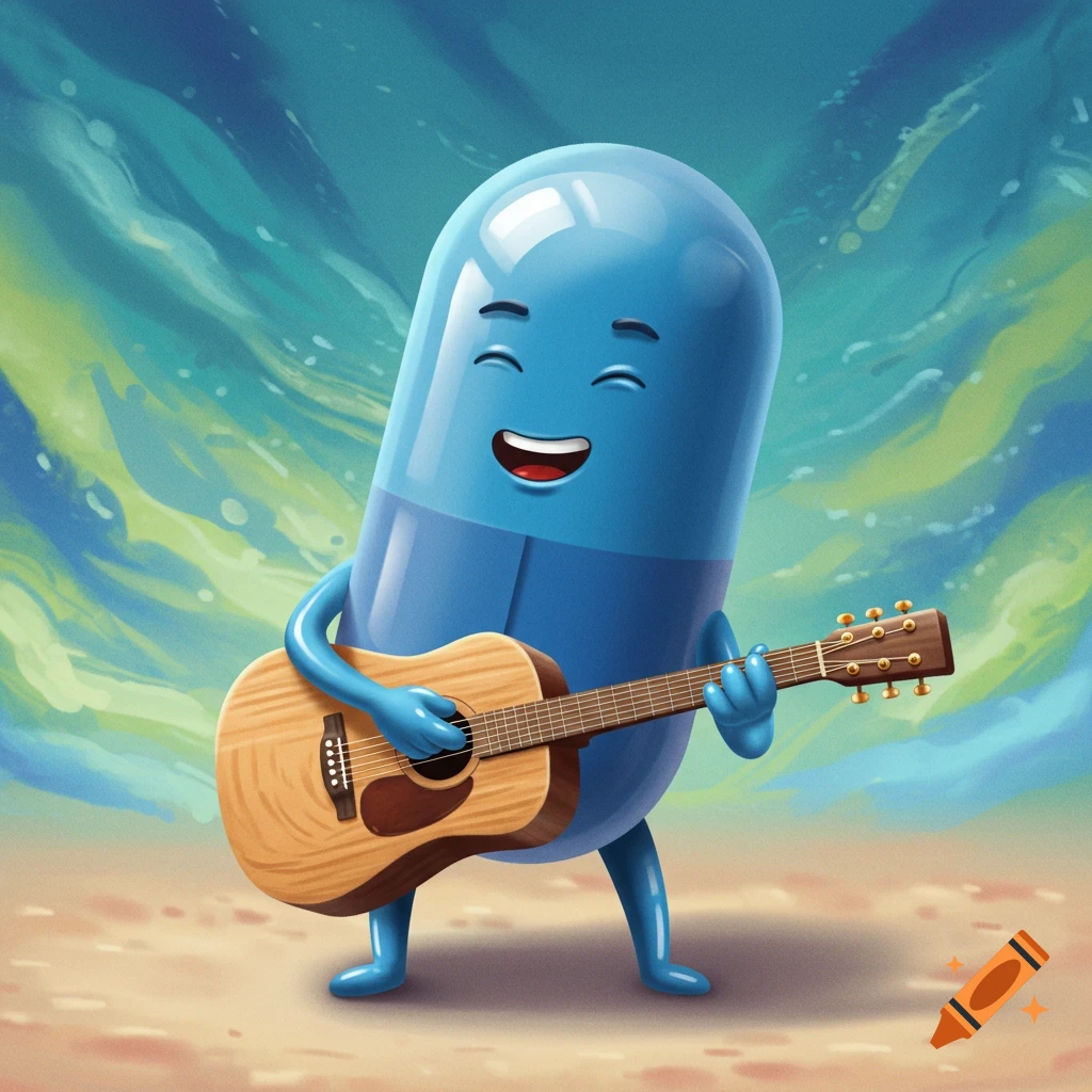 A happy blue cartoon pill character plays an acoustic guitar on a sandy surface.