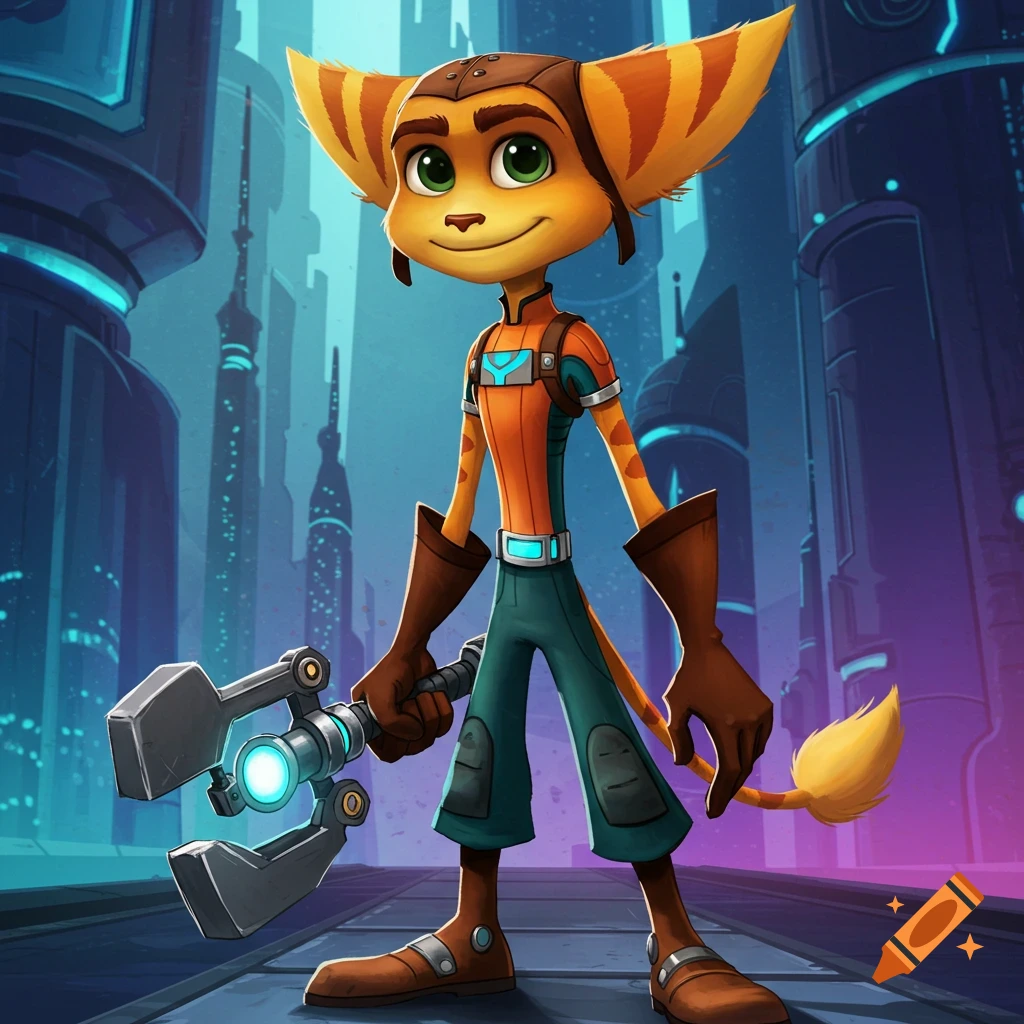 Ratchet from Ratchet and Clank stands in a sci-fi city holding a weapon.