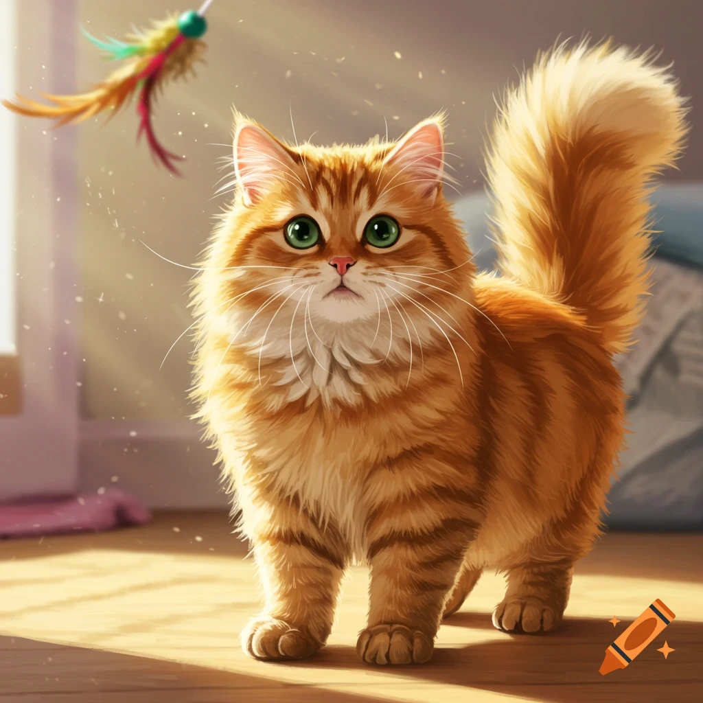 A fluffy orange cat with green eyes looks at a toy.