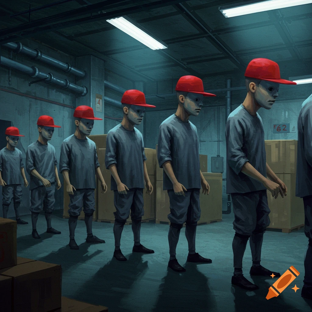 Figures in red hats pretending to be robots lined up in a dimly lit warehouse.