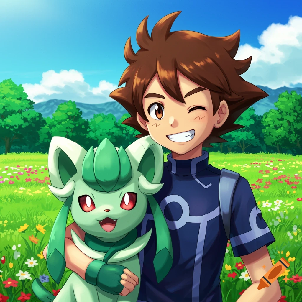 Anime image of a boy and a green creature in a flower field