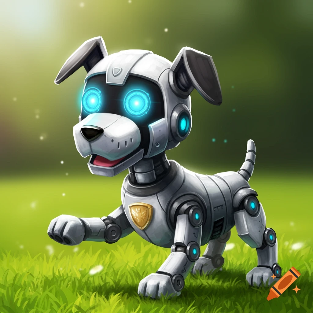 A silver and black robot puppy with glowing blue eyes stands on green grass.