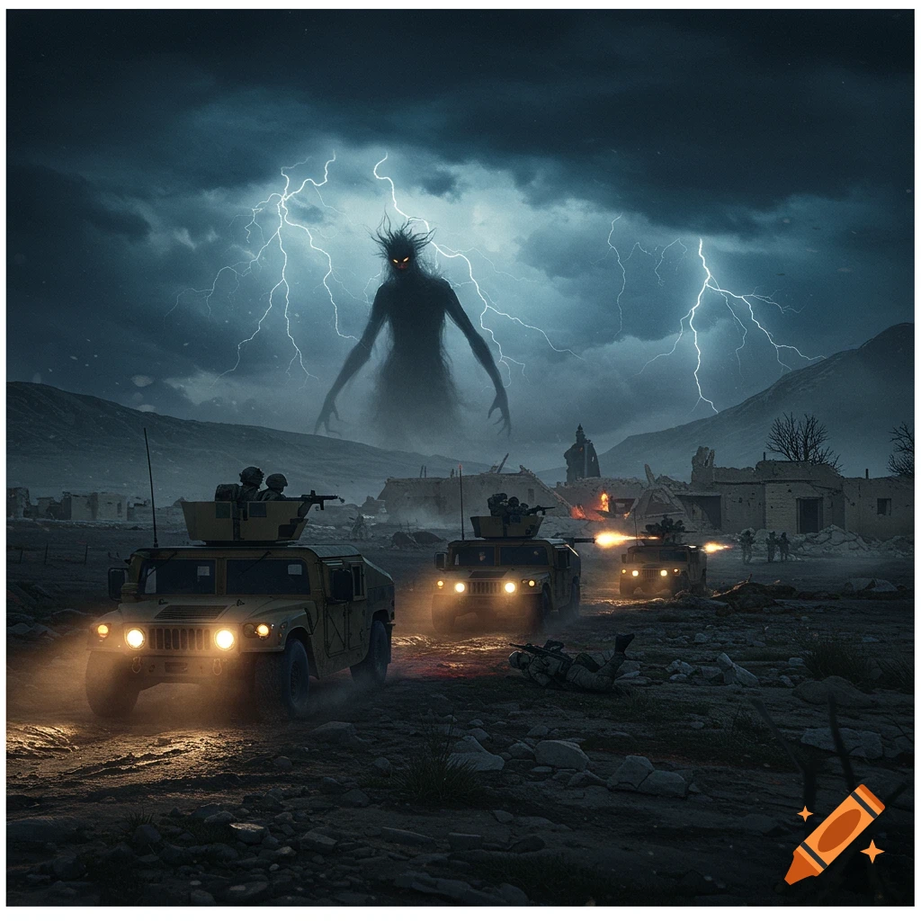 Military humvees fighting a shadowy monster in a ruined village under a lightning storm.