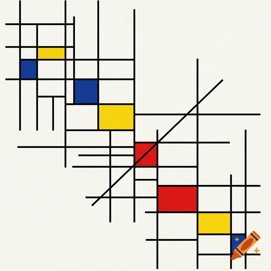 Abstract geometric composition in the style of Piet Mondrian with black lines and blocks of red, blue, yellow, and white.