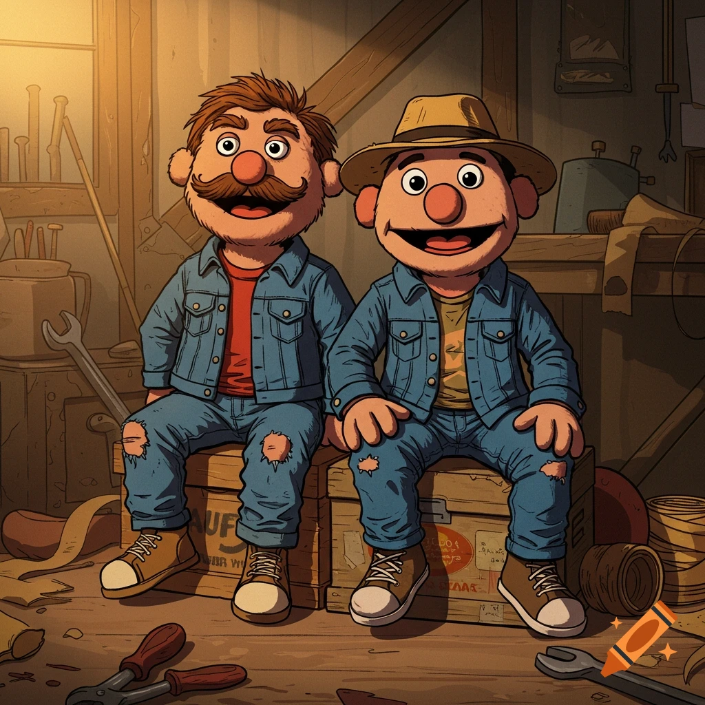 Two puppet characters in denim jackets and ripped jeans sit on crates in a messy workshop.