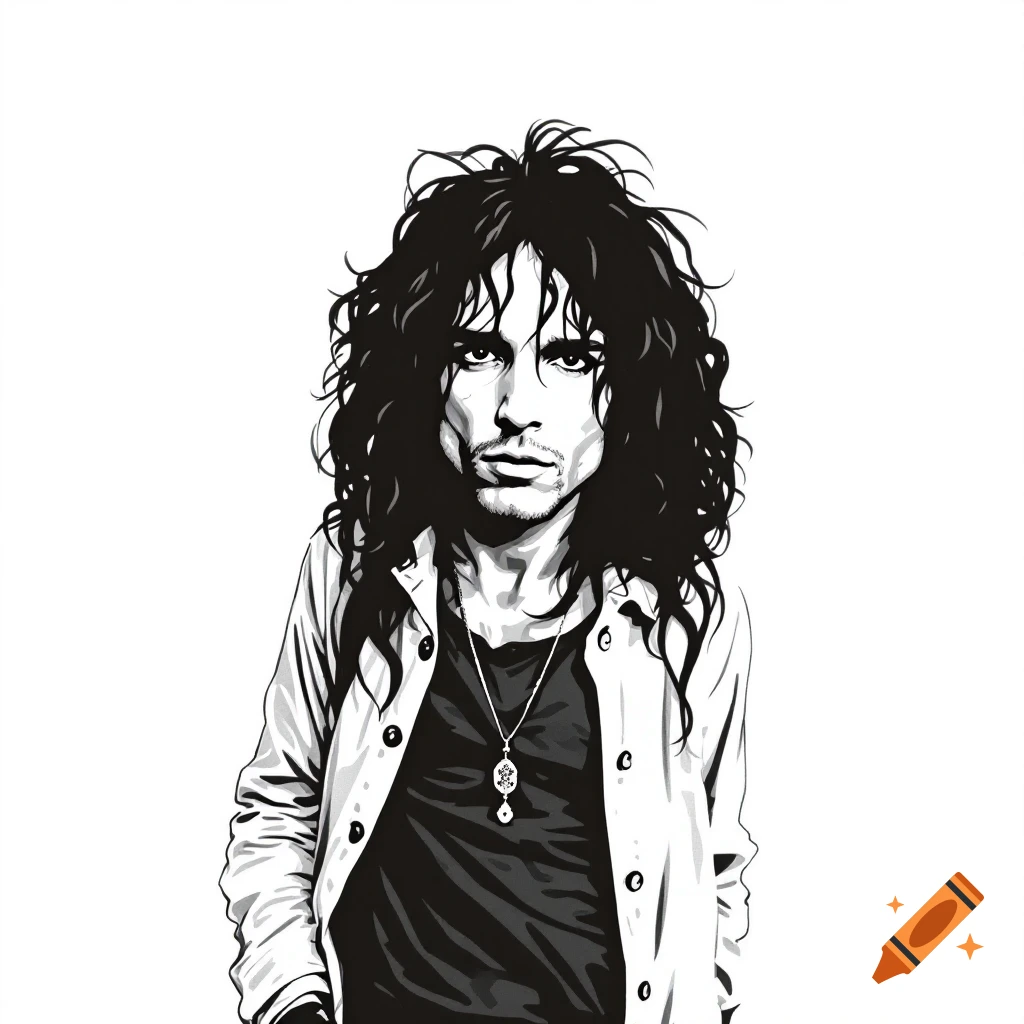 Black and white vector illustration portrait of a man with long curly hair.