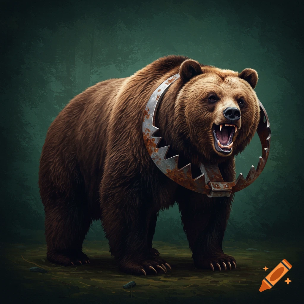 A large brown bear with a rusty bear trap around its neck.