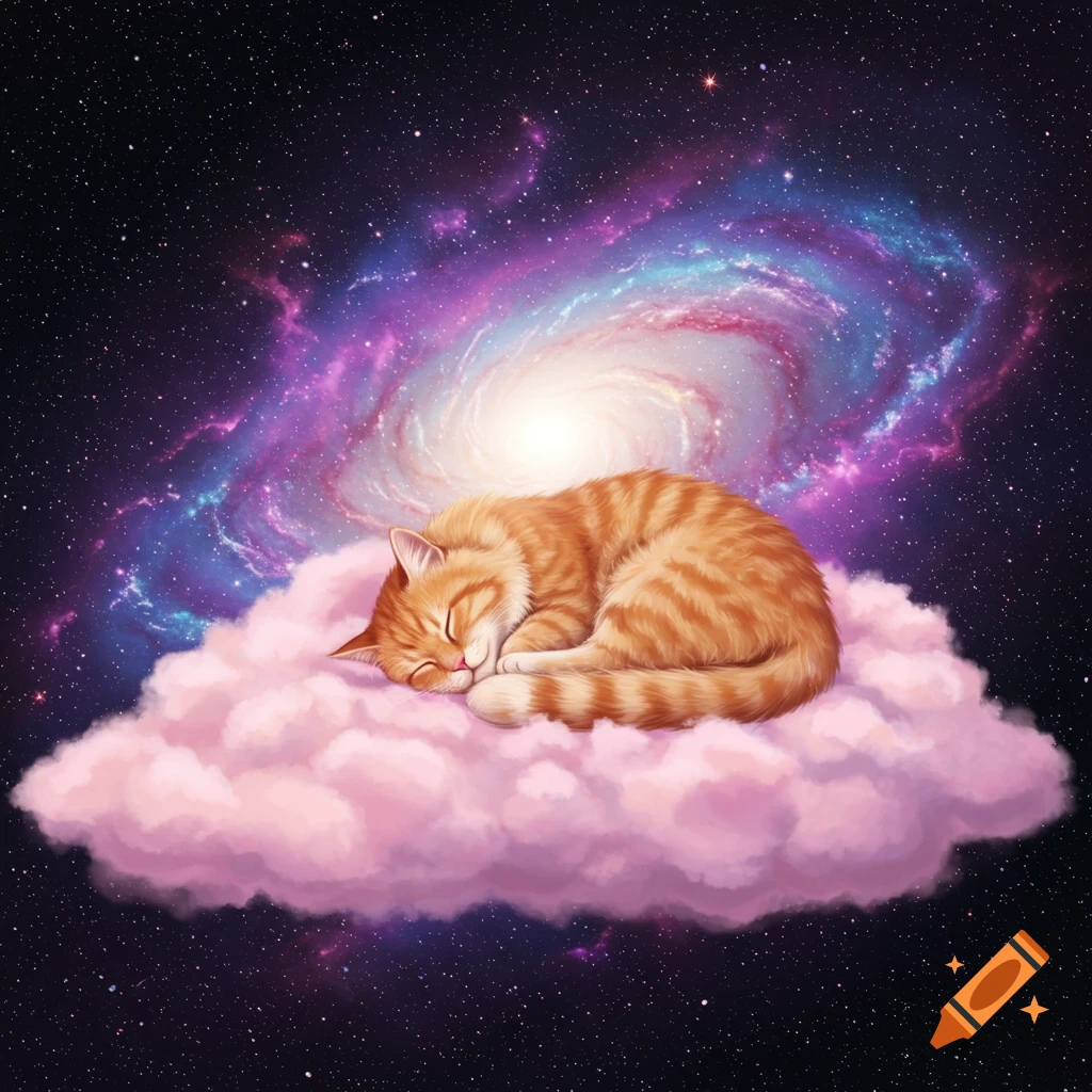 An orange cat sleeps on a pink cloud in space with a galaxy.