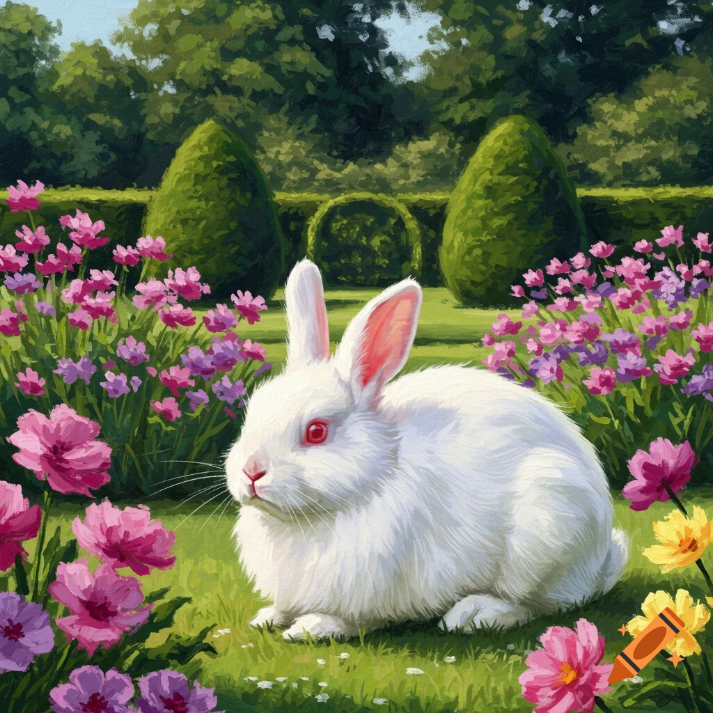 A white rabbit sits among pink and yellow flowers in a lush garden.