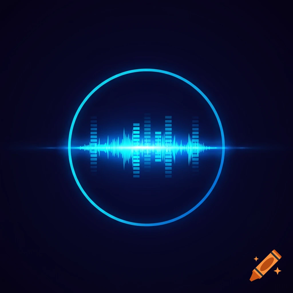 A blue glowing sound equalizer display inside a blue circle on a dark background.