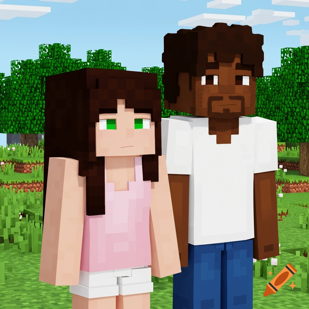 Minecraft-style image of a girl and a man standing in a field